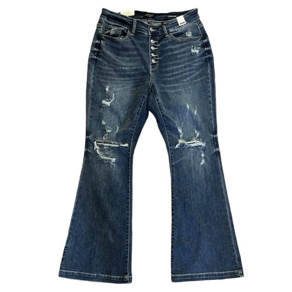 NWT Judy Blue Date Night Dark Wash Button Fly Distressed Trouser Flare Jeans 16W